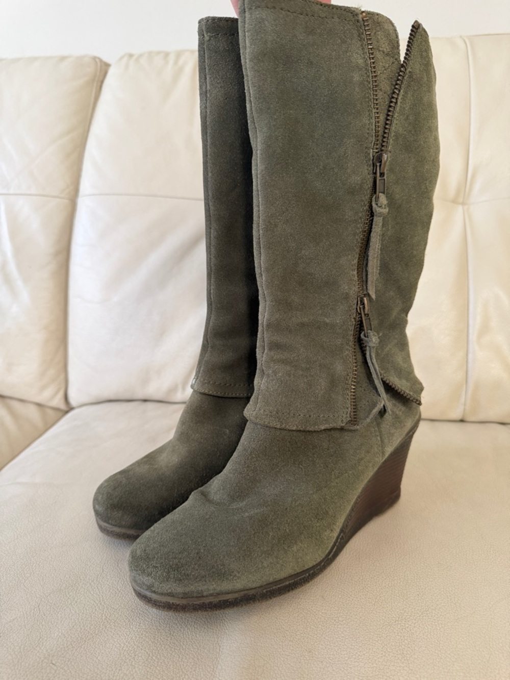 Women's Olive Suede Wedge Boots - Stylish Knee Boot